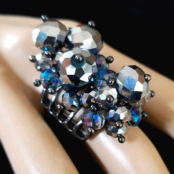Vintage Gunmetal Beaded Stretch Statement Ring One Size - Picture 6 of 11